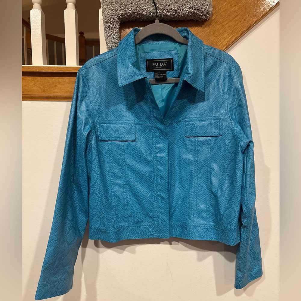Fu Da Sport Blue Faux Snake Skin Moto Jacket - Women’s L